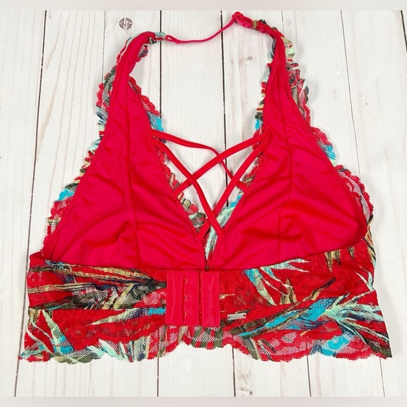 Victoria’s Secret PINK S Halter Neck Red Tropical Print Strappy Lace Bralette - Picture 5 of 10